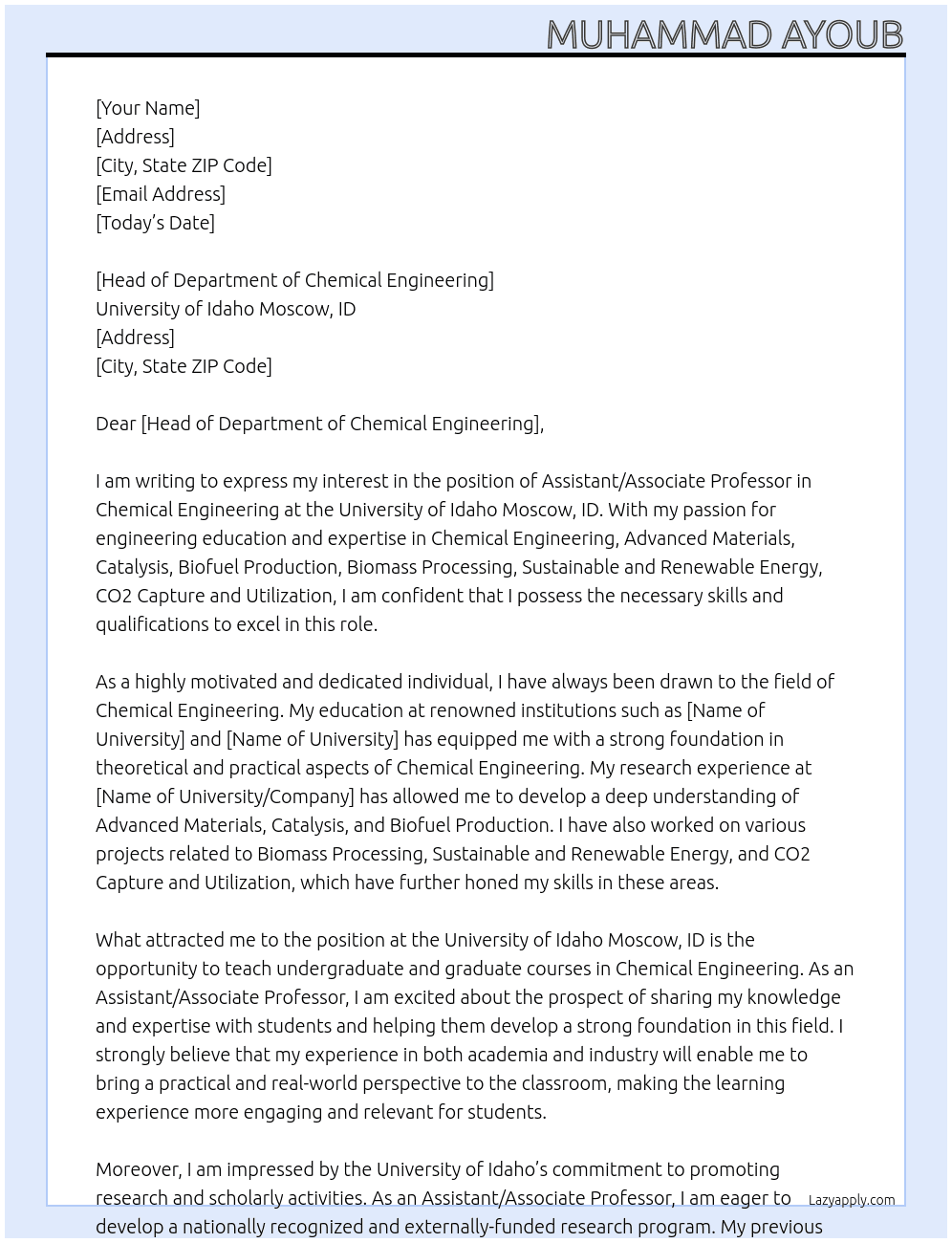 Assistant/Associate Professor in Chemical Engineering At University of Idaho Moscow, ID Cover Letter