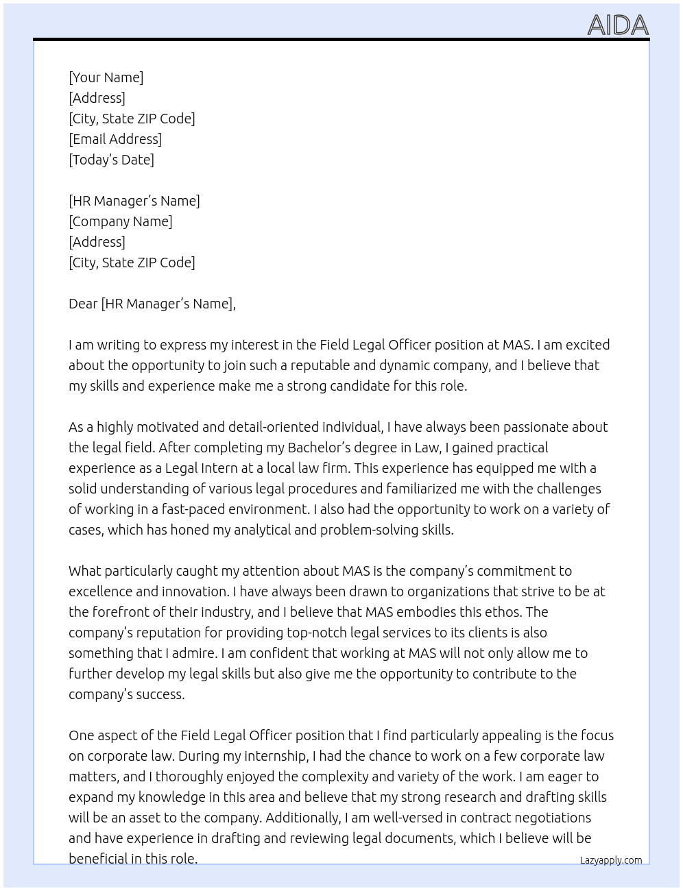 Field legal officer At MAS Cover Letter