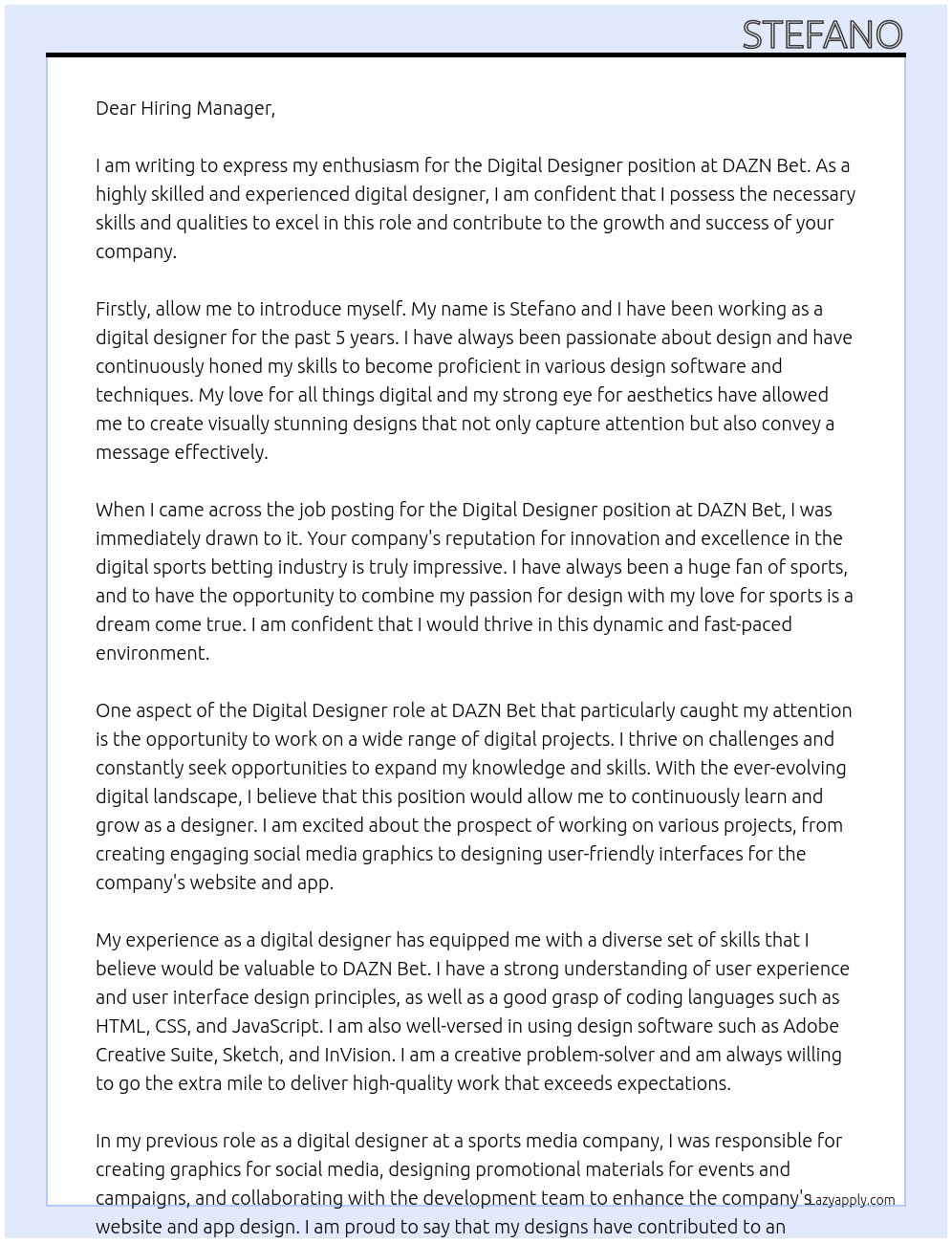 Digital Designer At DAZN Bet Cover Letter