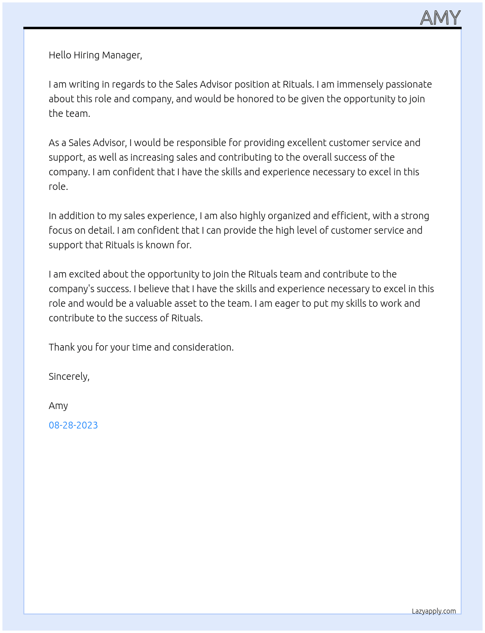sales advisor At rituals Cover Letter