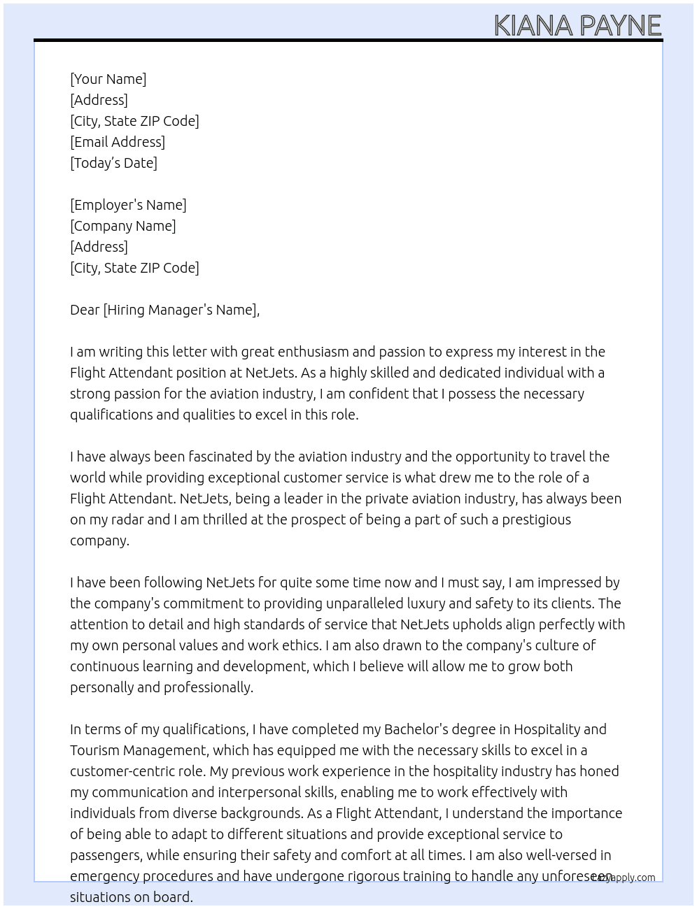 Flight Attendant At NetJets Cover Letter