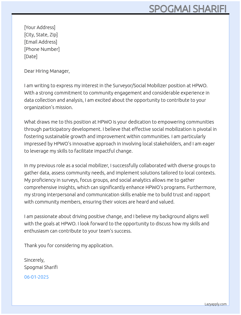 Surveyor/Social Mobilizer At HPWO Cover Letter