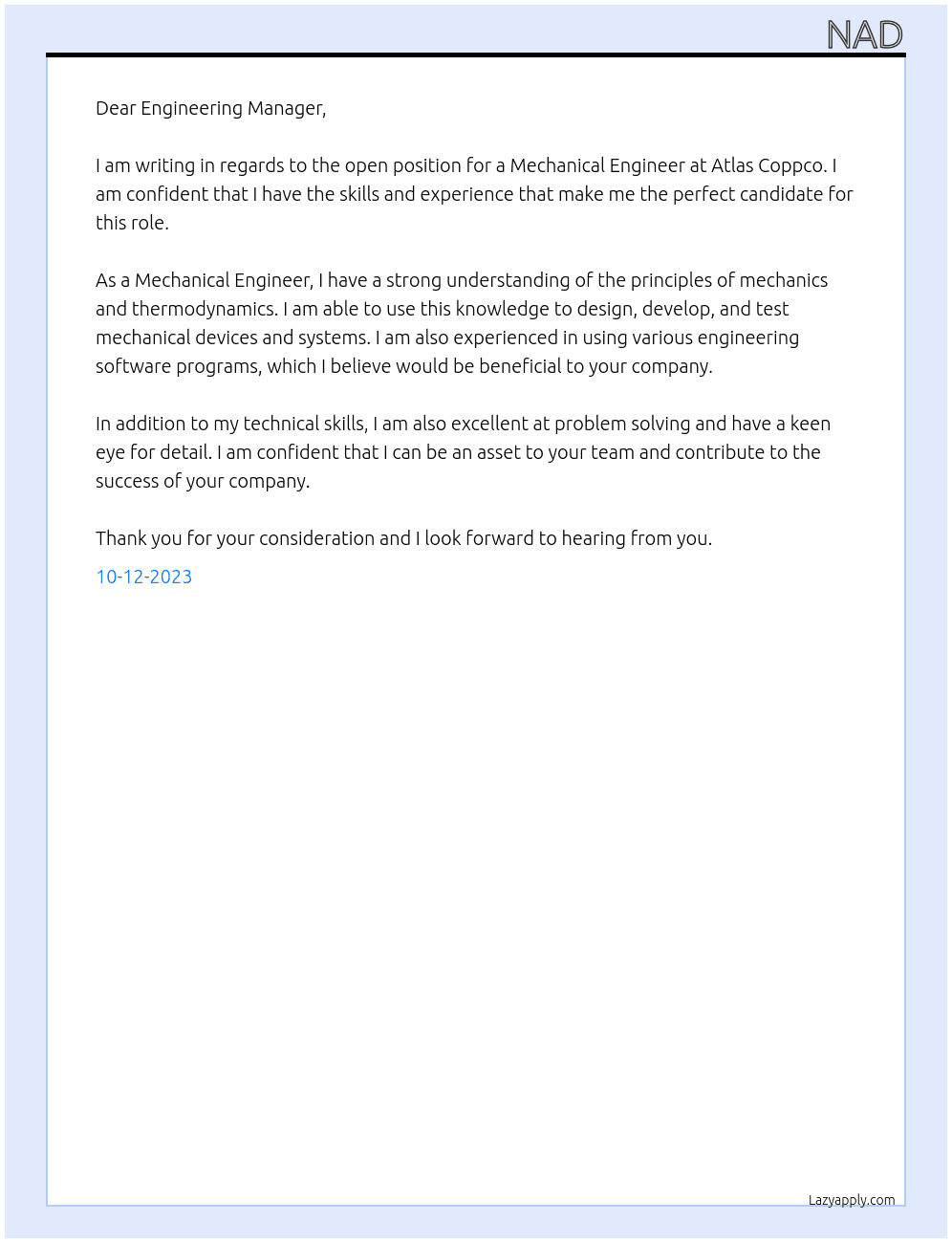 Mechancial Engineer  At atlas coppco Cover Letter