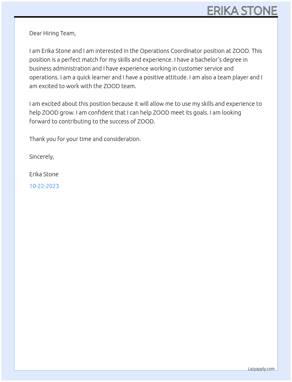 Operations Coordinator At ZOOD Cover Letter