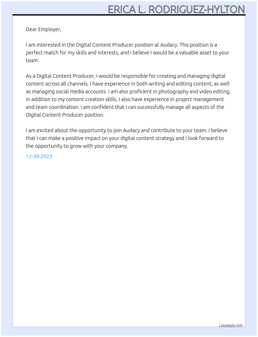 Digital Content Producer At Audacy Cover Letter