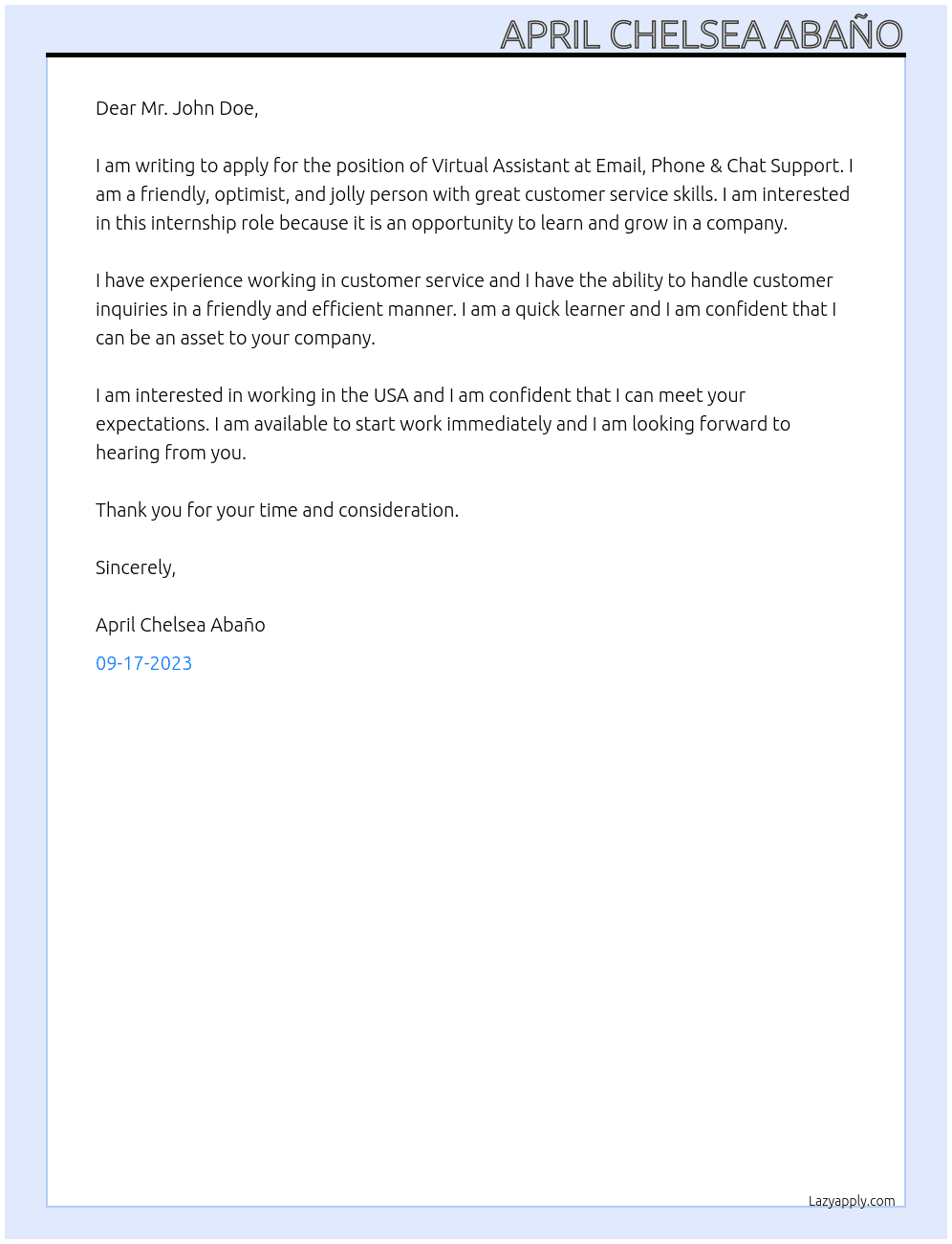 Virtual Assistant At Email, Phone & Chat Support Cover Letter