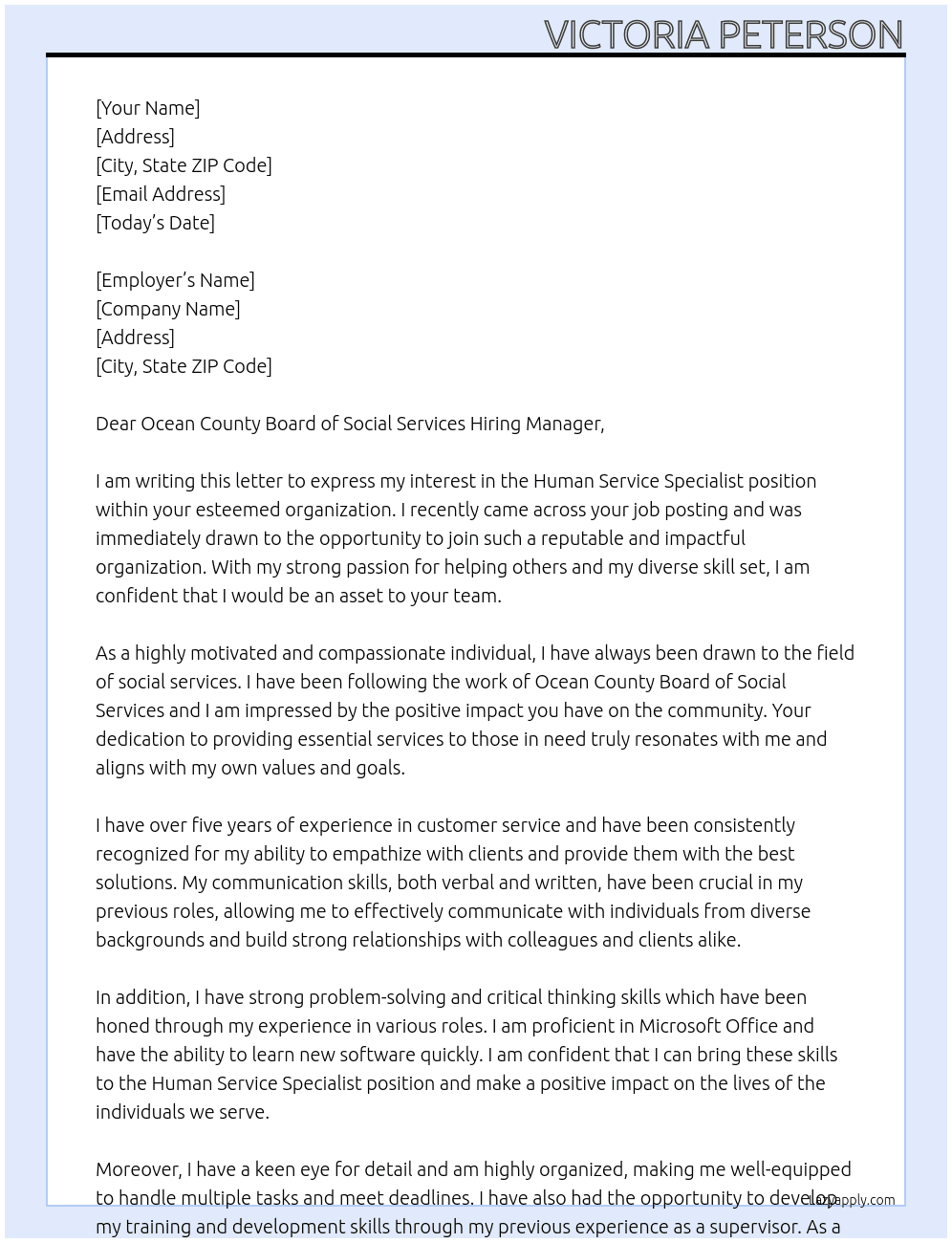 Human Service Specialist At Ocean County Board of Social Services Cover Letter