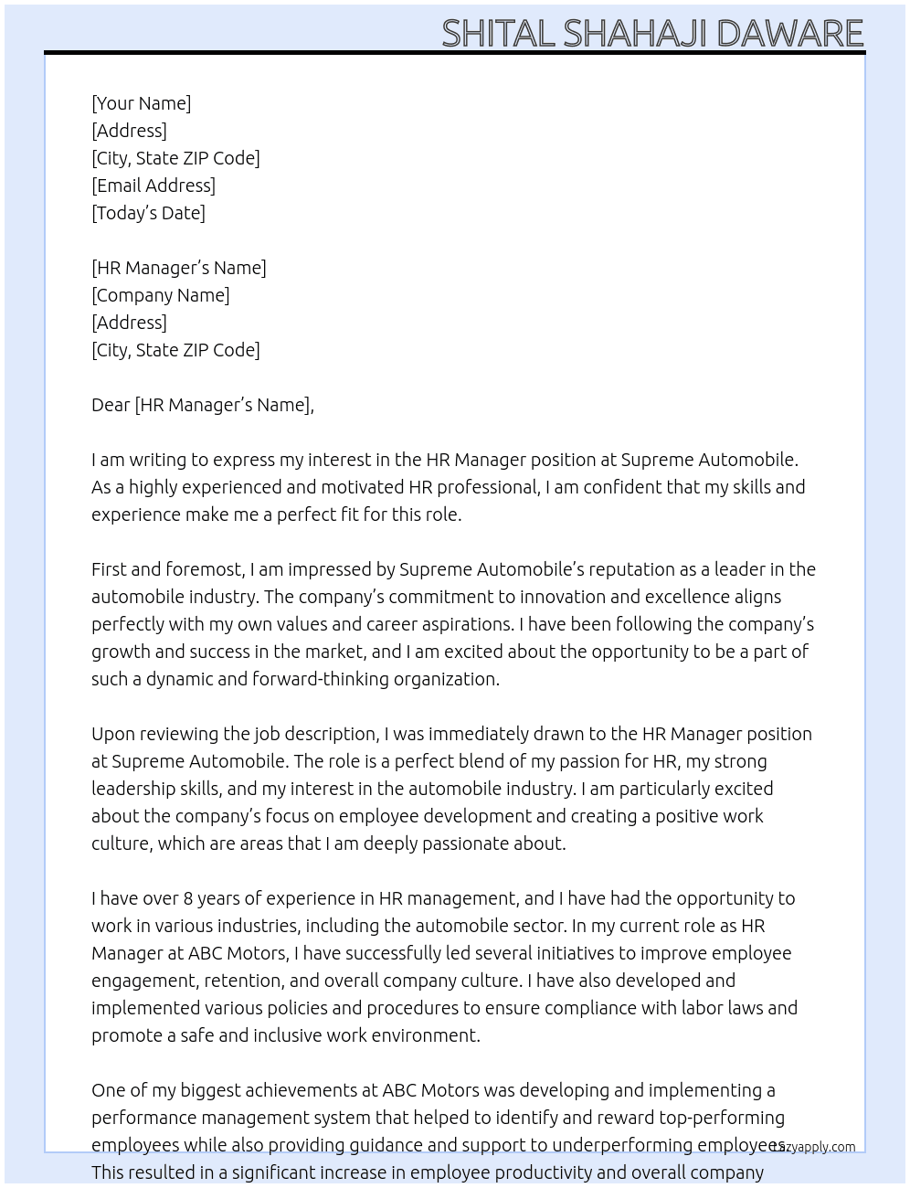 HR MANAGER At SUPREME AUTOMOBILE Cover Letter