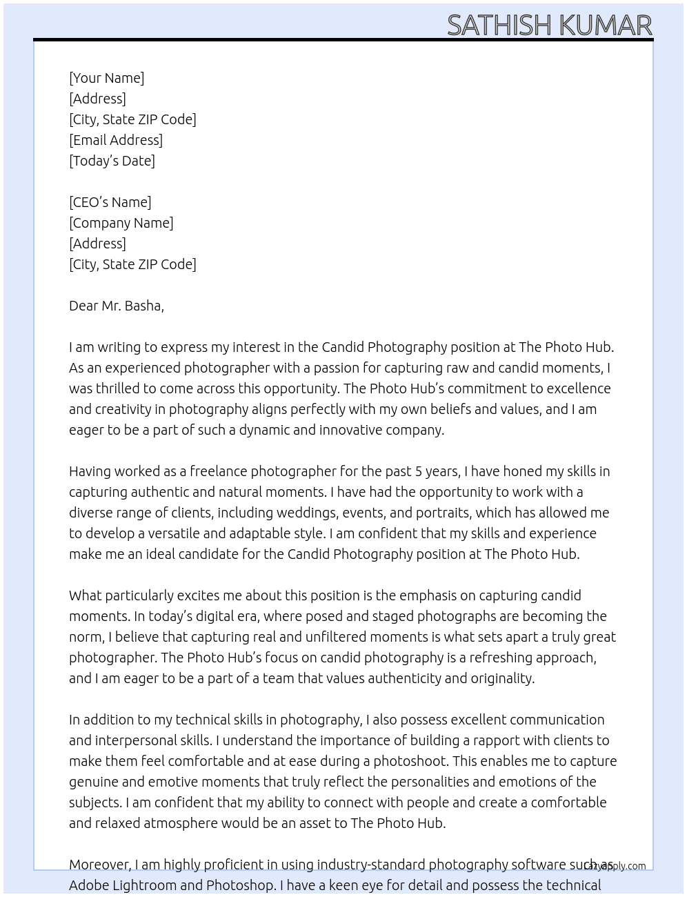 candid photography At The photo hub Cover Letter