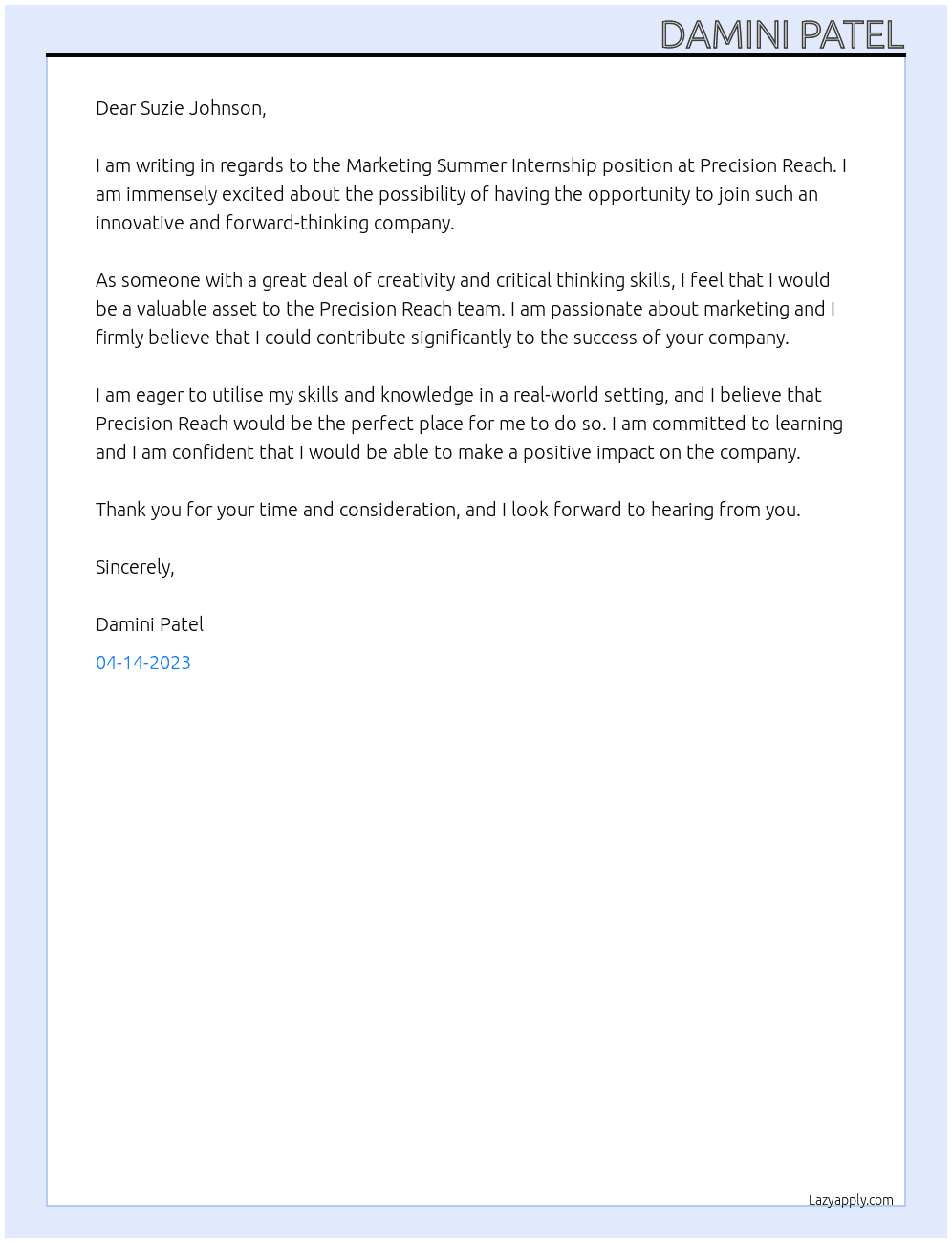 Marketing Summer Internship  At Precision reach Cover Letter