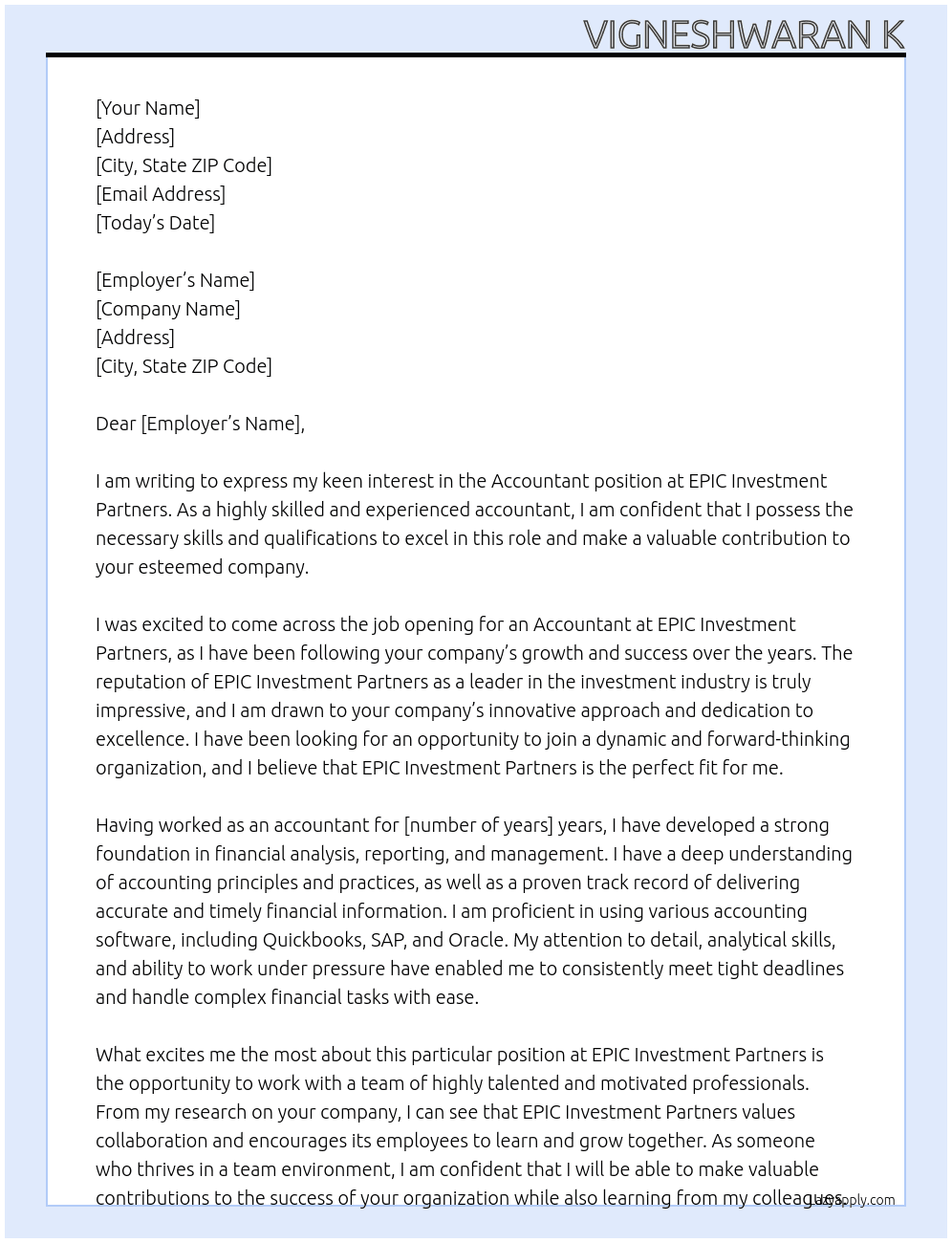Accountant  At EPIC Investment partners  Cover Letter