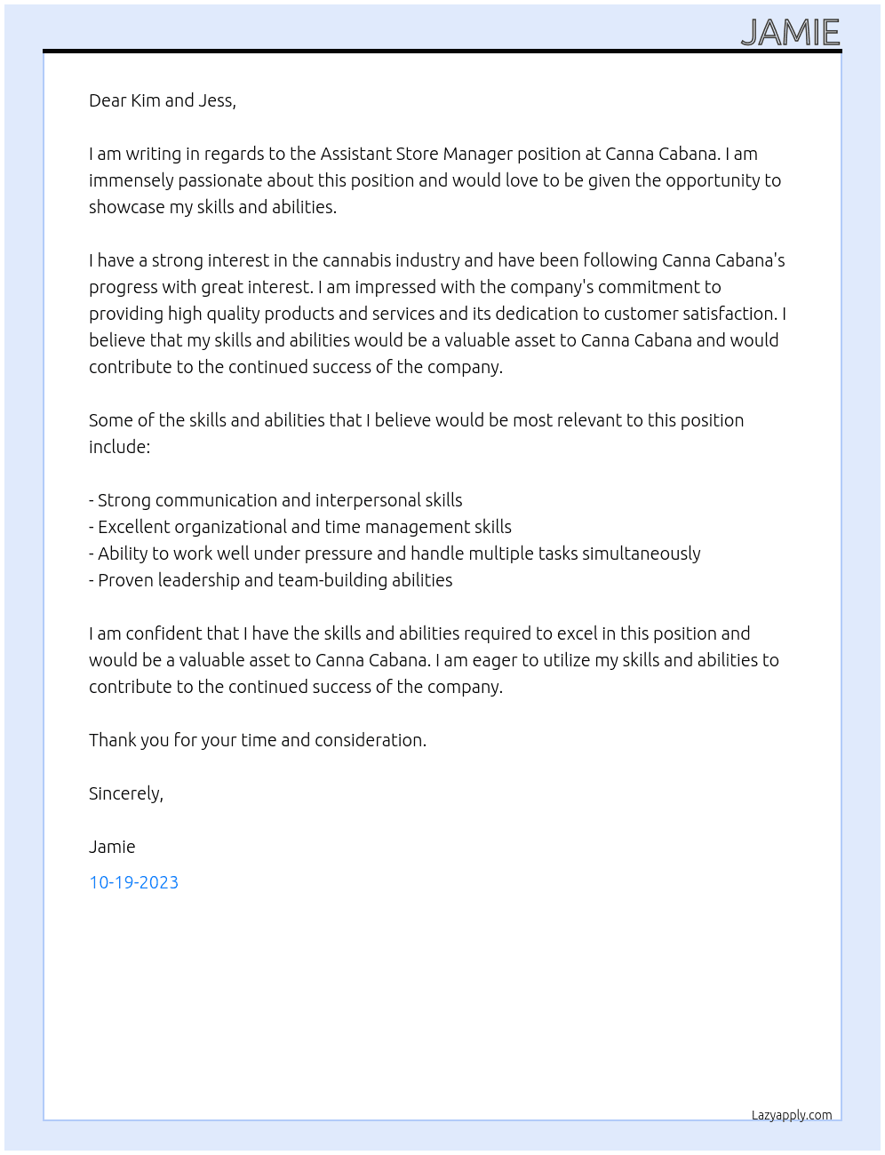Assistant Store Manager At Canna Cabana Cover Letter