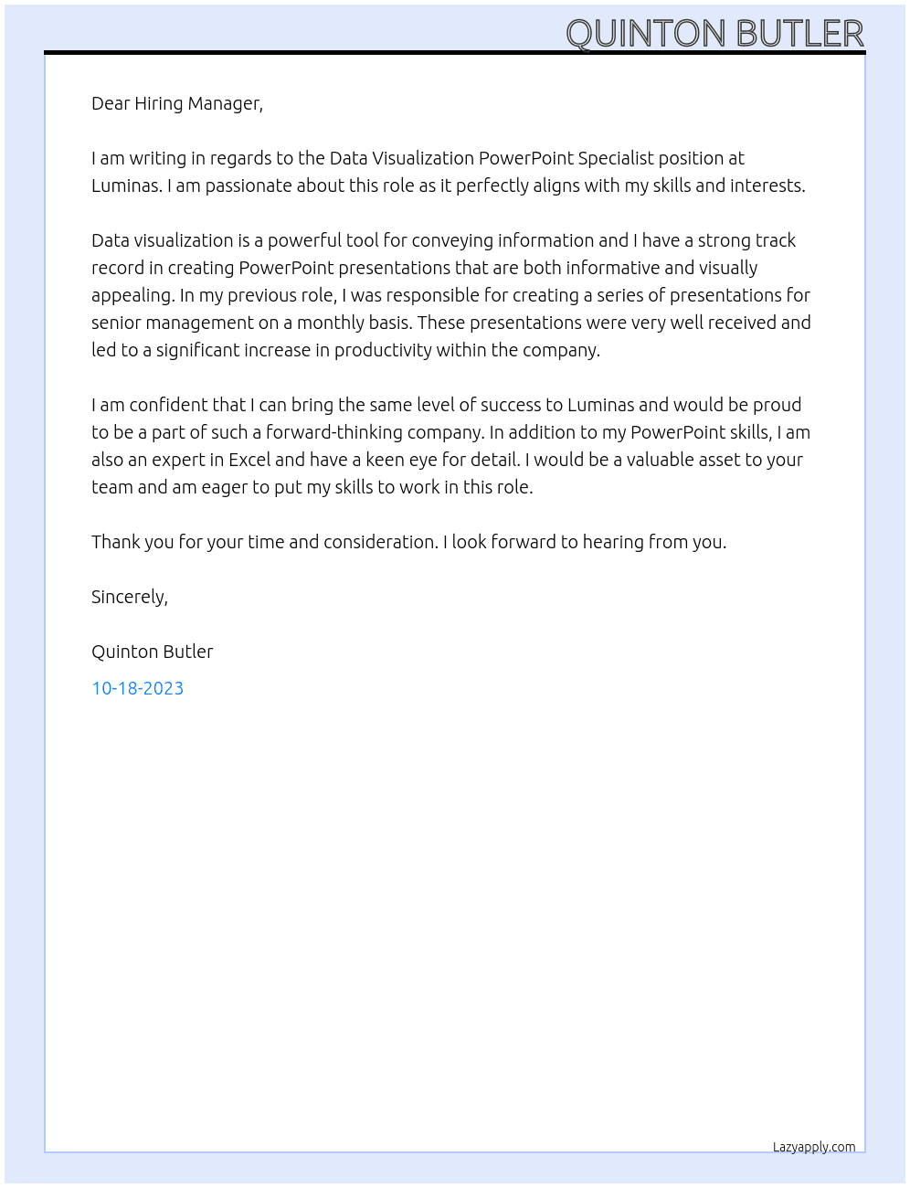 Data Visualization PowerPoint Specialist At Luminas Cover Letter