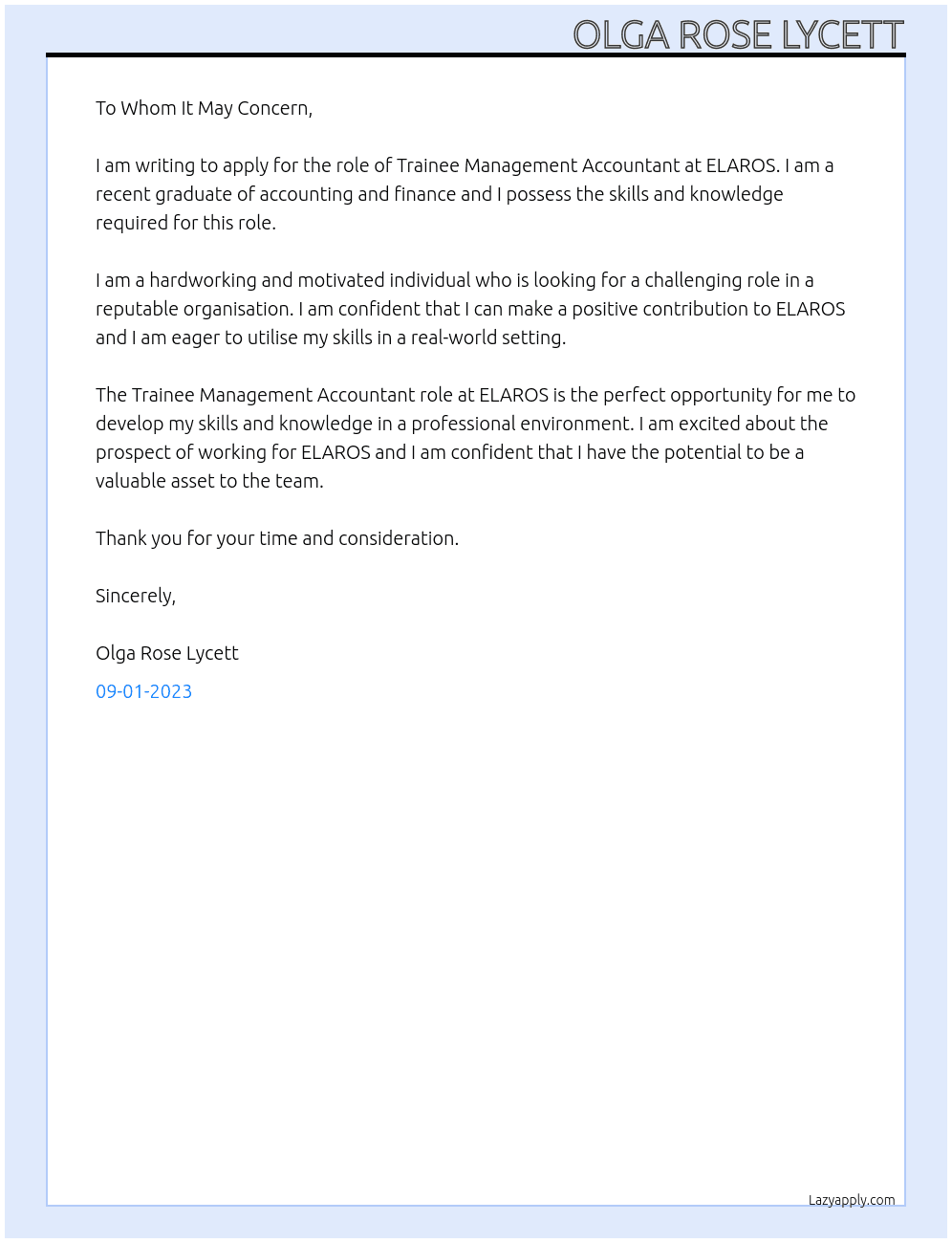 Trainee Management Accountant At ELAROS Cover Letter