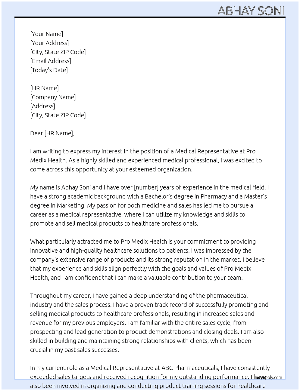medical repersentative At Pro Medix Health Cover Letter