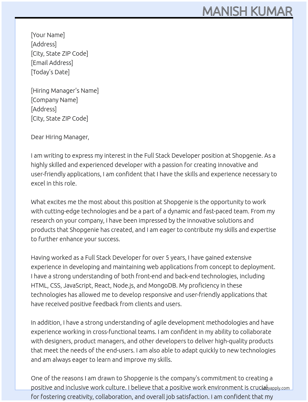 Full stack developer At Shopgenie Cover Letter