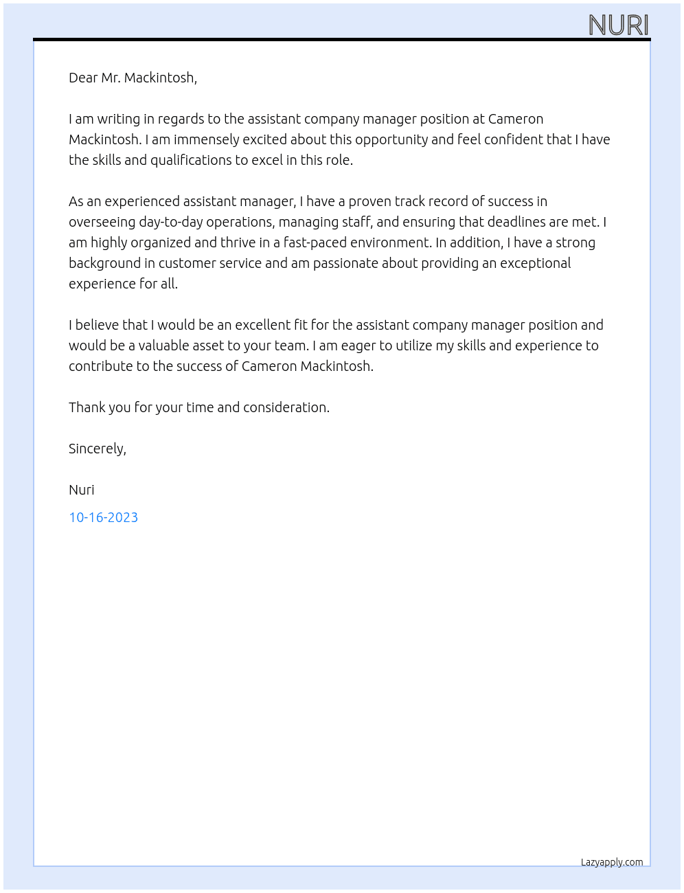 assistant company manager At cameron mackintosh Cover Letter