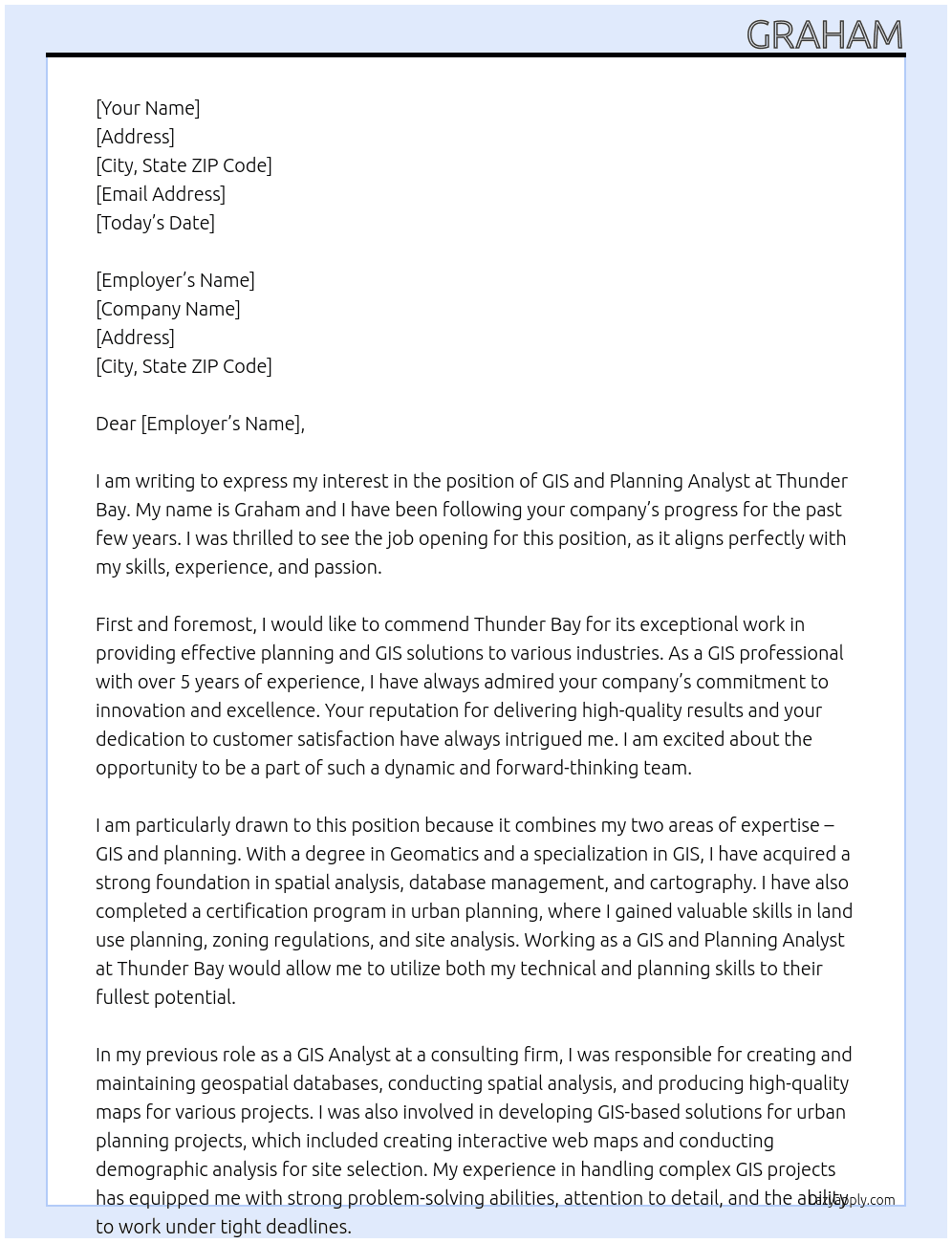 GIS and Planning Analyst At thunder bay Cover Letter