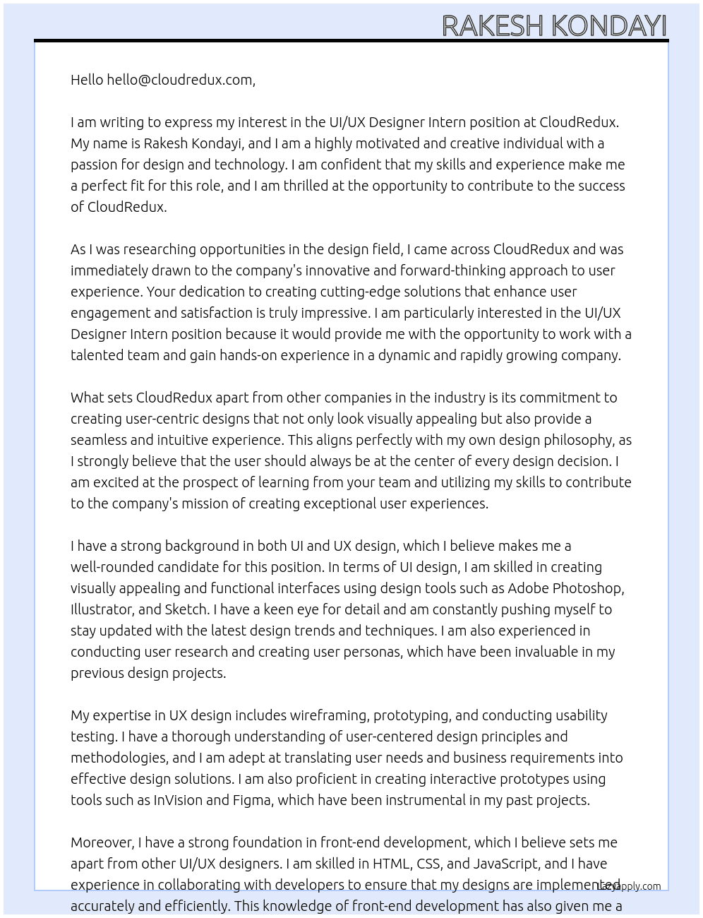 UI/UX Designer Intern At CloudRedux Cover Letter