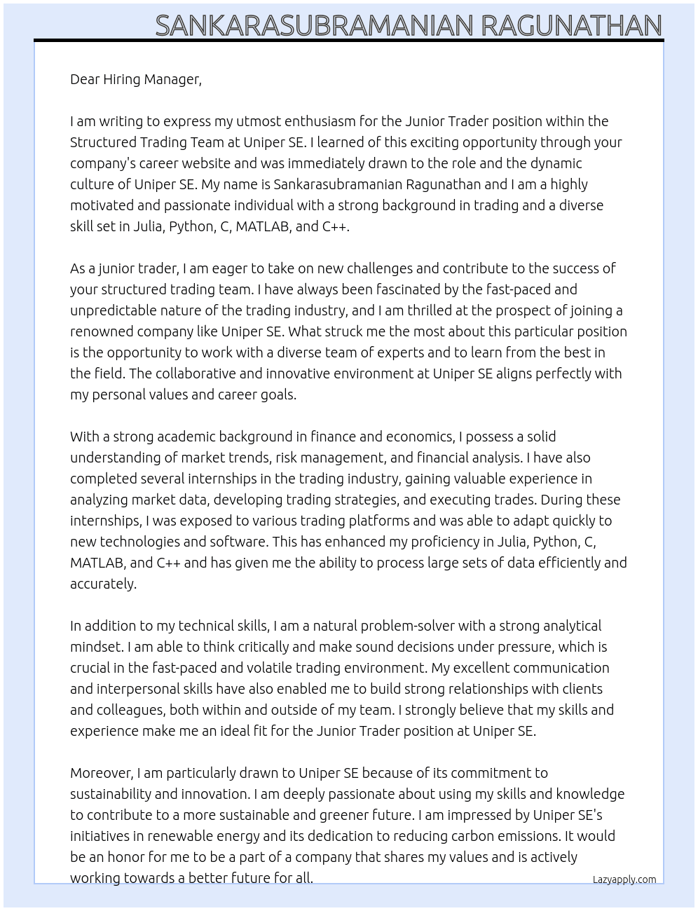 Junior Trader - Structured Trading Team (f/m/d) (86600) At Uniper SE Cover Letter