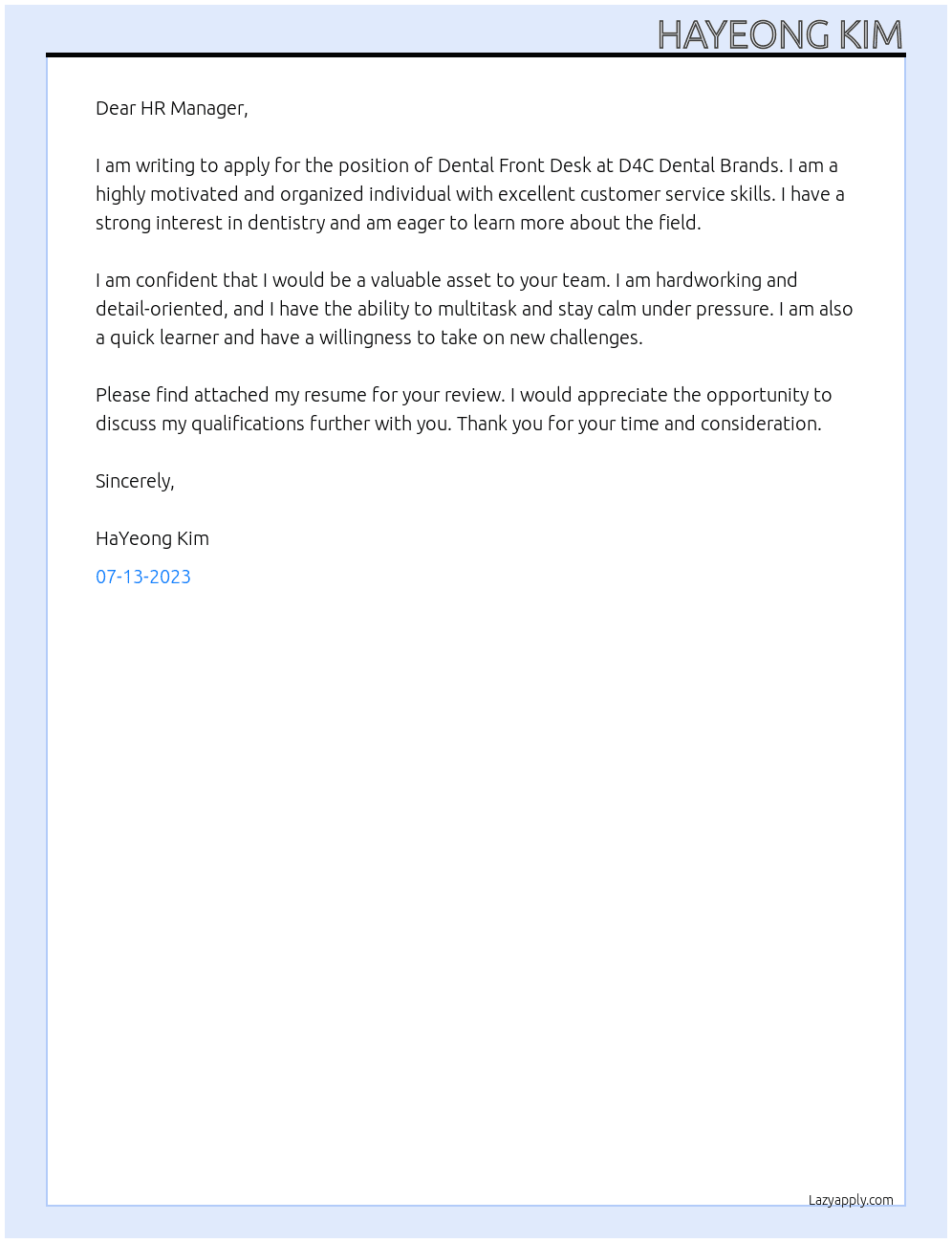Dental front desk  At D4C DENTAL BRANDS Cover Letter