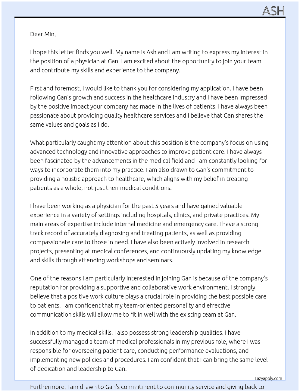 physician At gan Cover Letter