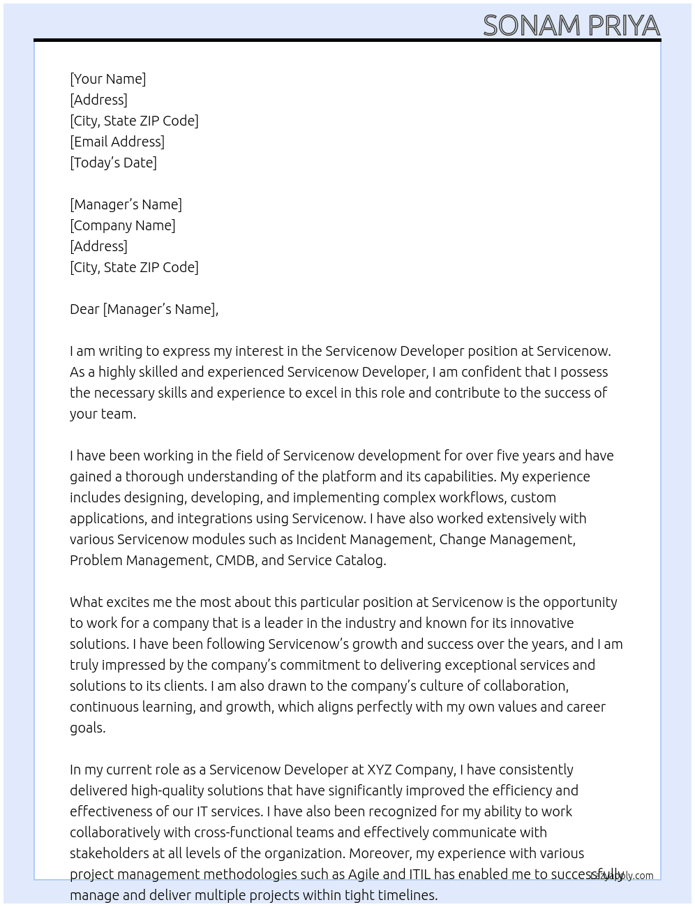 Servicenow developer  At Servicenow  Cover Letter