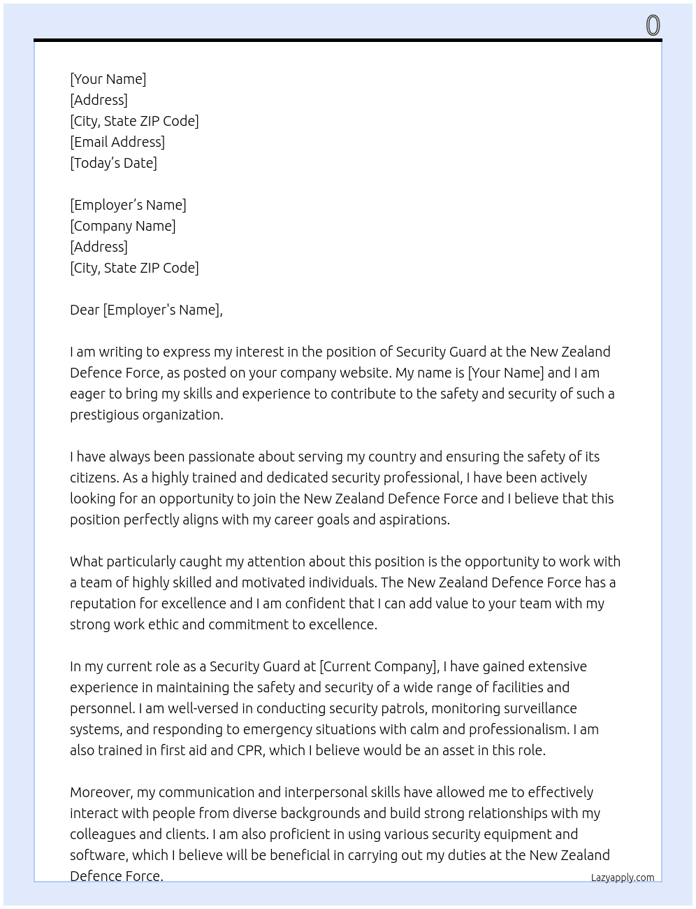 Cover letter for security guard  new zealand defence force | the new zealand defence force - LazyApply