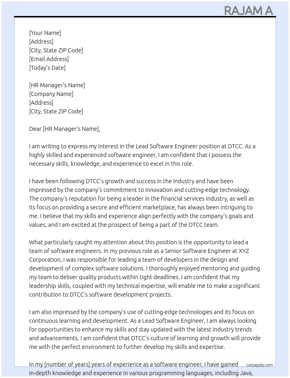 Lead Software Engineer At DTCC Cover Letter