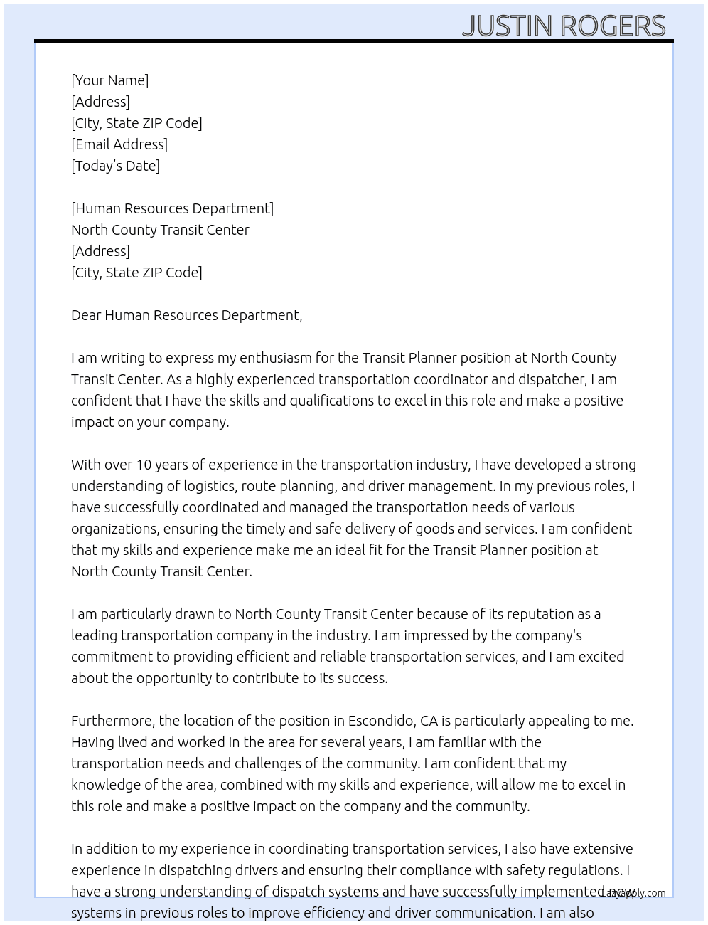 Transit Planner At North County Transit Center  Cover Letter