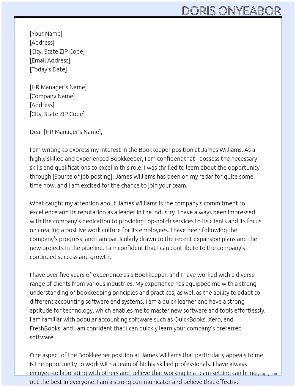Book keeper  At James Williams  Cover Letter