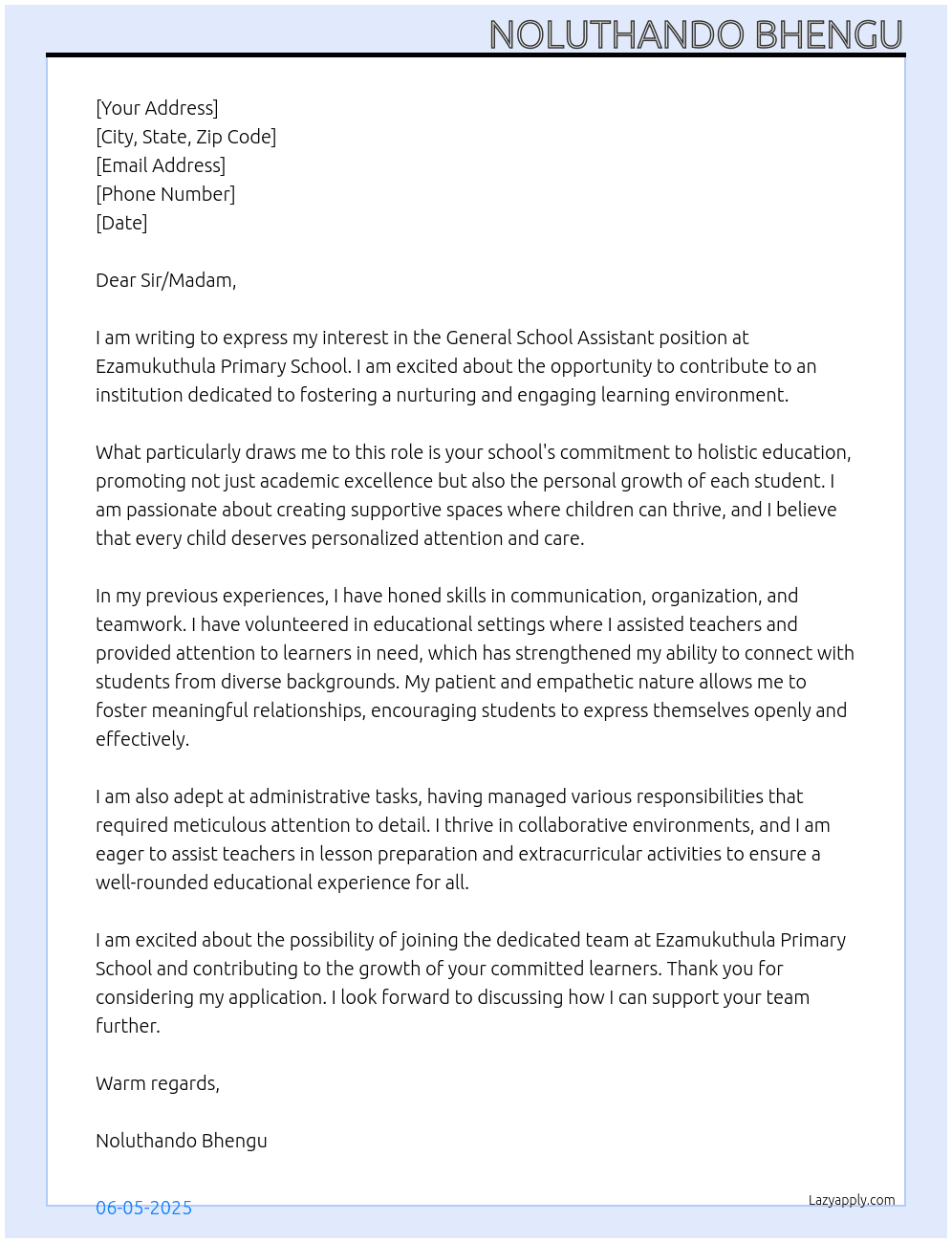 General School Assistant At Ezamukuthula Primary School Cover Letter