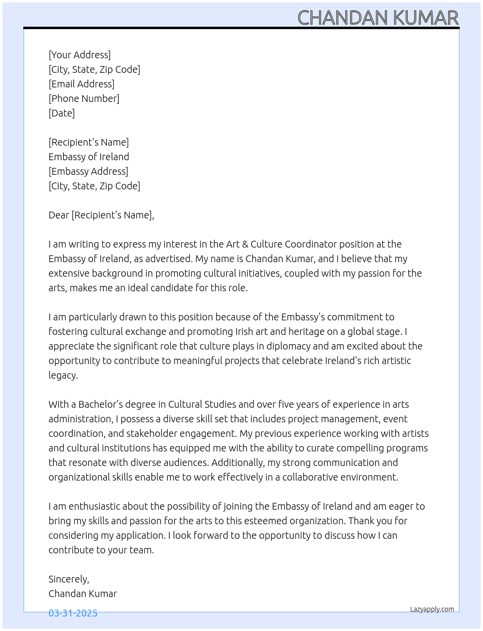 Art & culture Co-ordinator At Embassy of Ireland Cover Letter