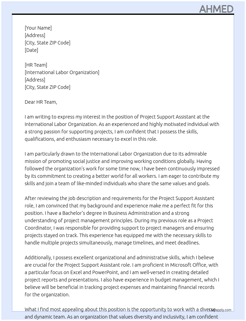 project support assistant At Internation Labor organization Cover Letter