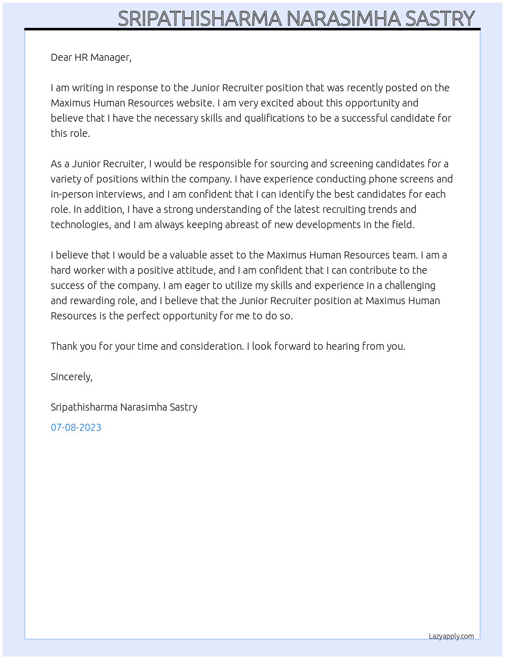 Junior recruiter  At Maximus Human Resources Private limited  Cover Letter