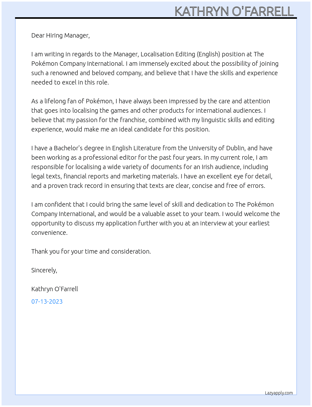 Manager, Localisation Editing (English) At The Pokémon Company International Cover Letter