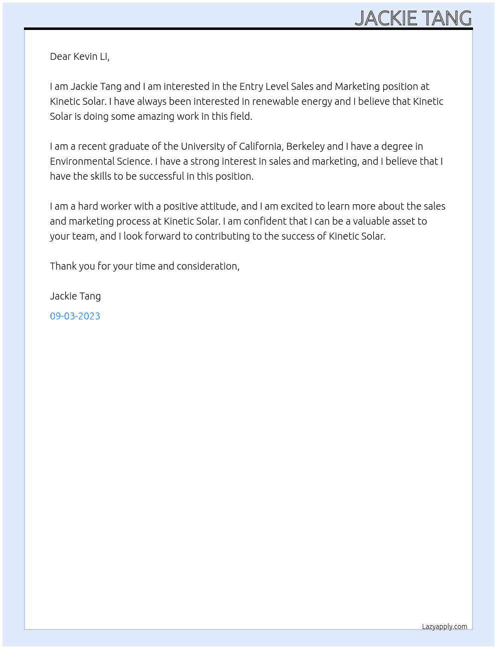 Entry Level Sales and Marketing At Kinetic Solar Cover Letter