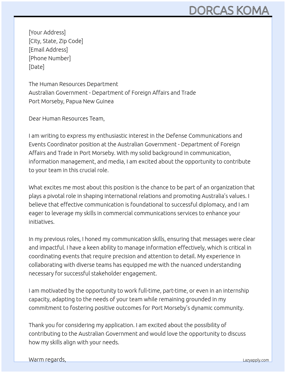 Cover letter for defense communications and events coordinator - LazyApply