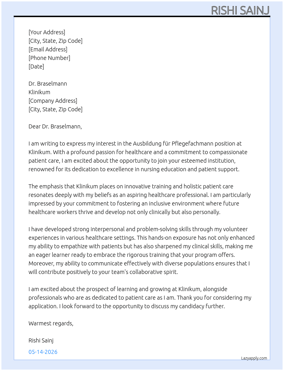 Ausbildung für Plegefachman At Kilinikum  Cover Letter