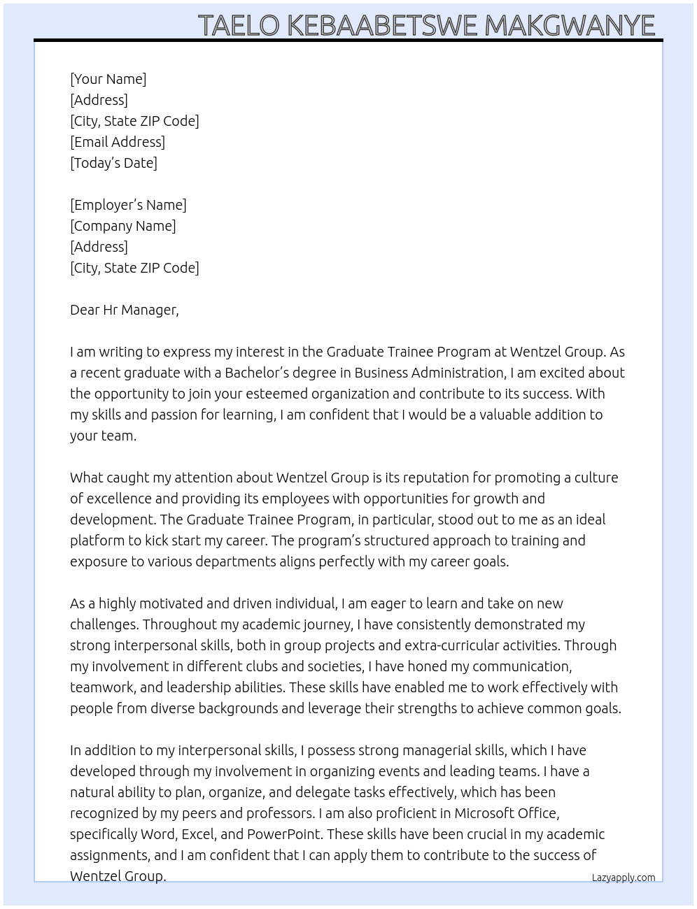 Graduate Trainee Program At Wentzel Group Cover Letter