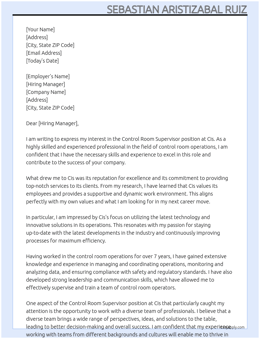 Control room supervisor  At Cis  Cover Letter