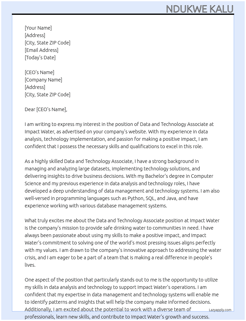 Data and Technology Associate At Impact Water Cover Letter