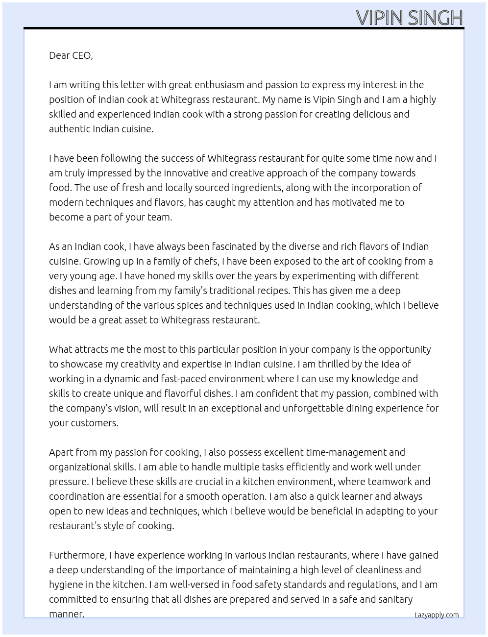 Indian cook At Whitegrass restaurant Cover Letter