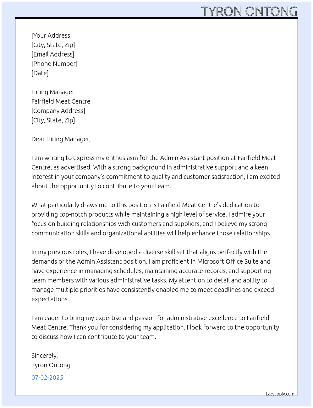 Admin Assistant At Fairfield Meat Centre Cover Letter