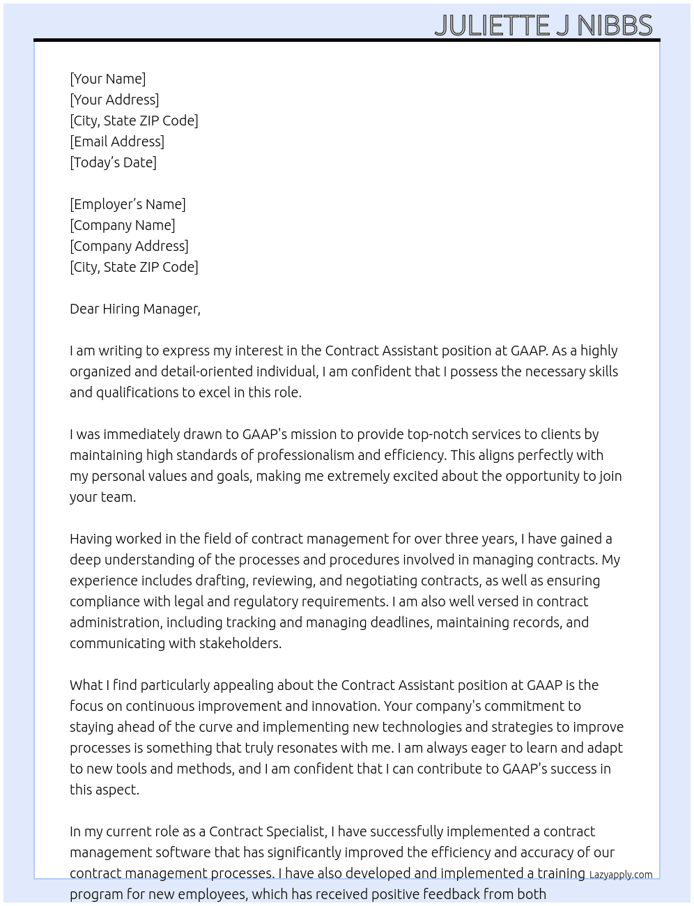 Contract assistant  At GAAP Cover Letter