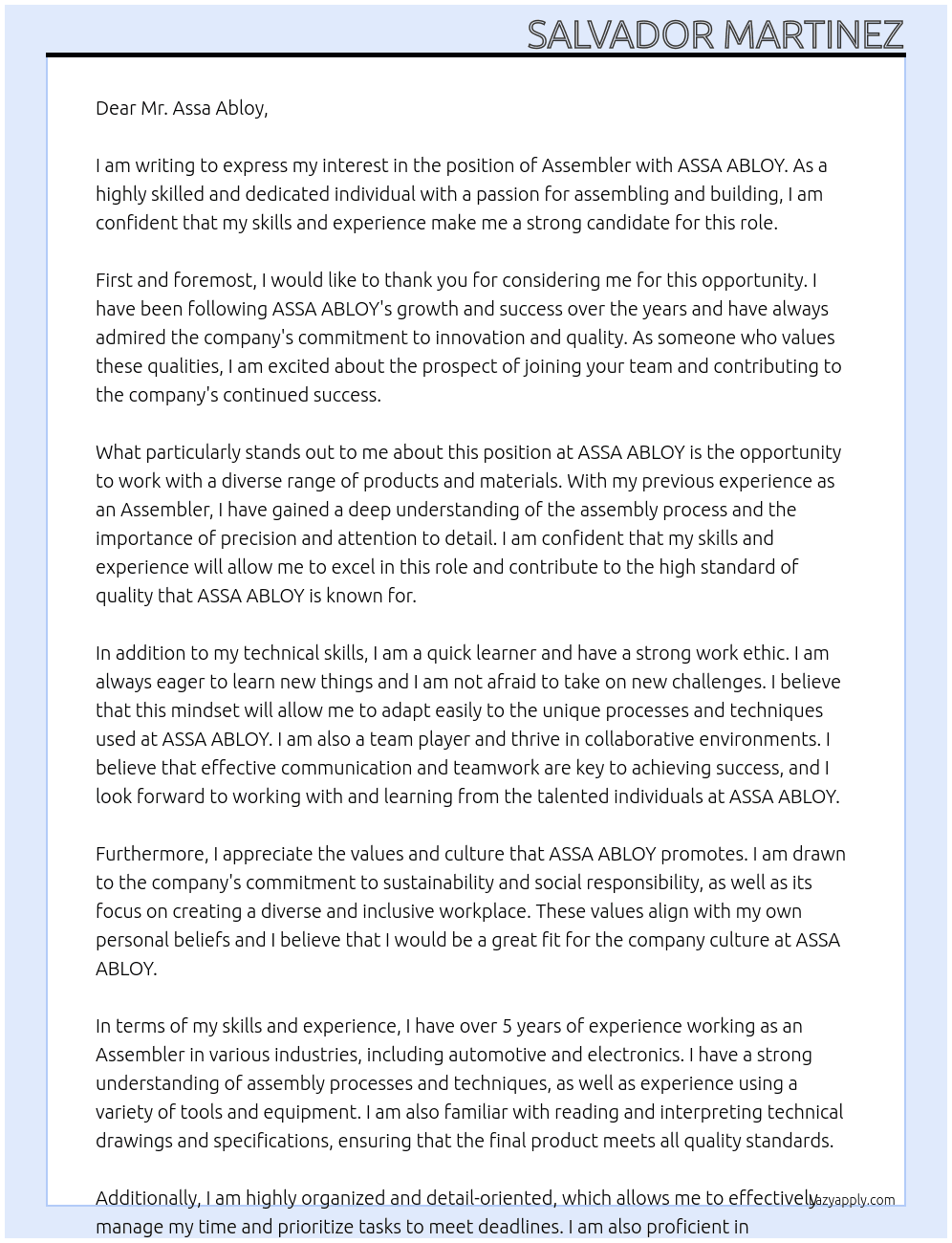 Assembler At ASSA ABLOY Cover Letter