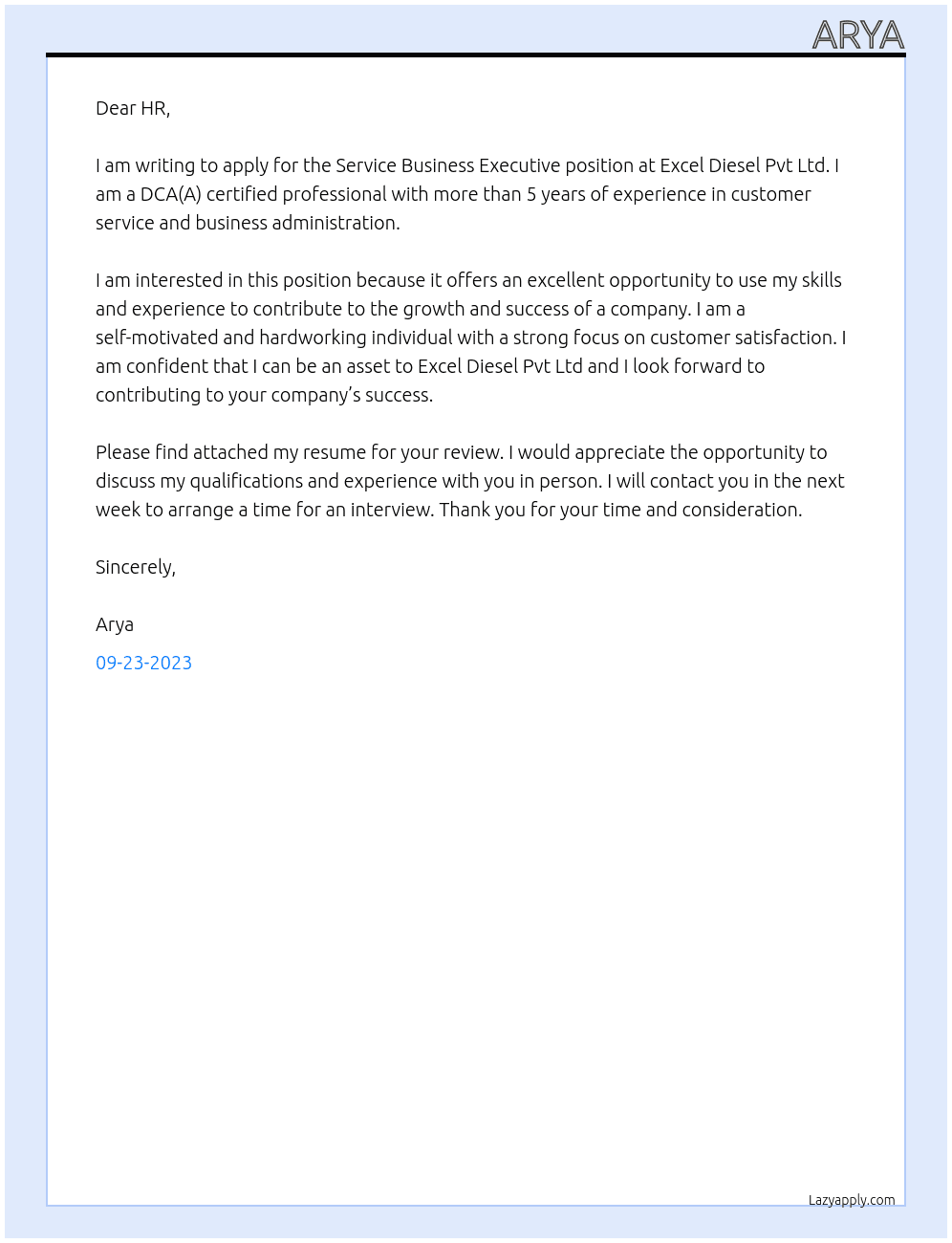 Service Business Executive  At Excel Diesel Pvt Ltd Cover Letter