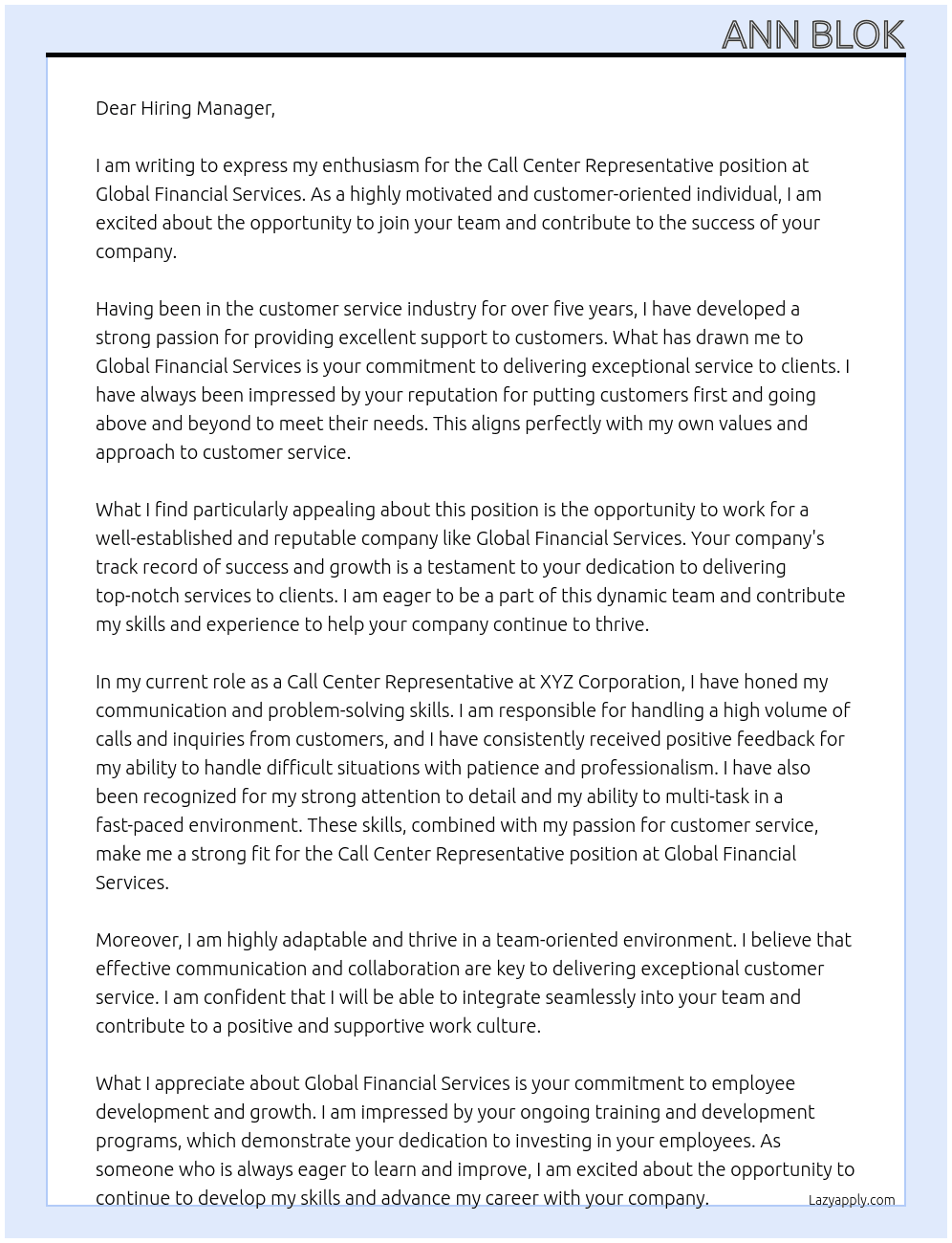 Call Center Representative At Global Financial Services Cover Letter