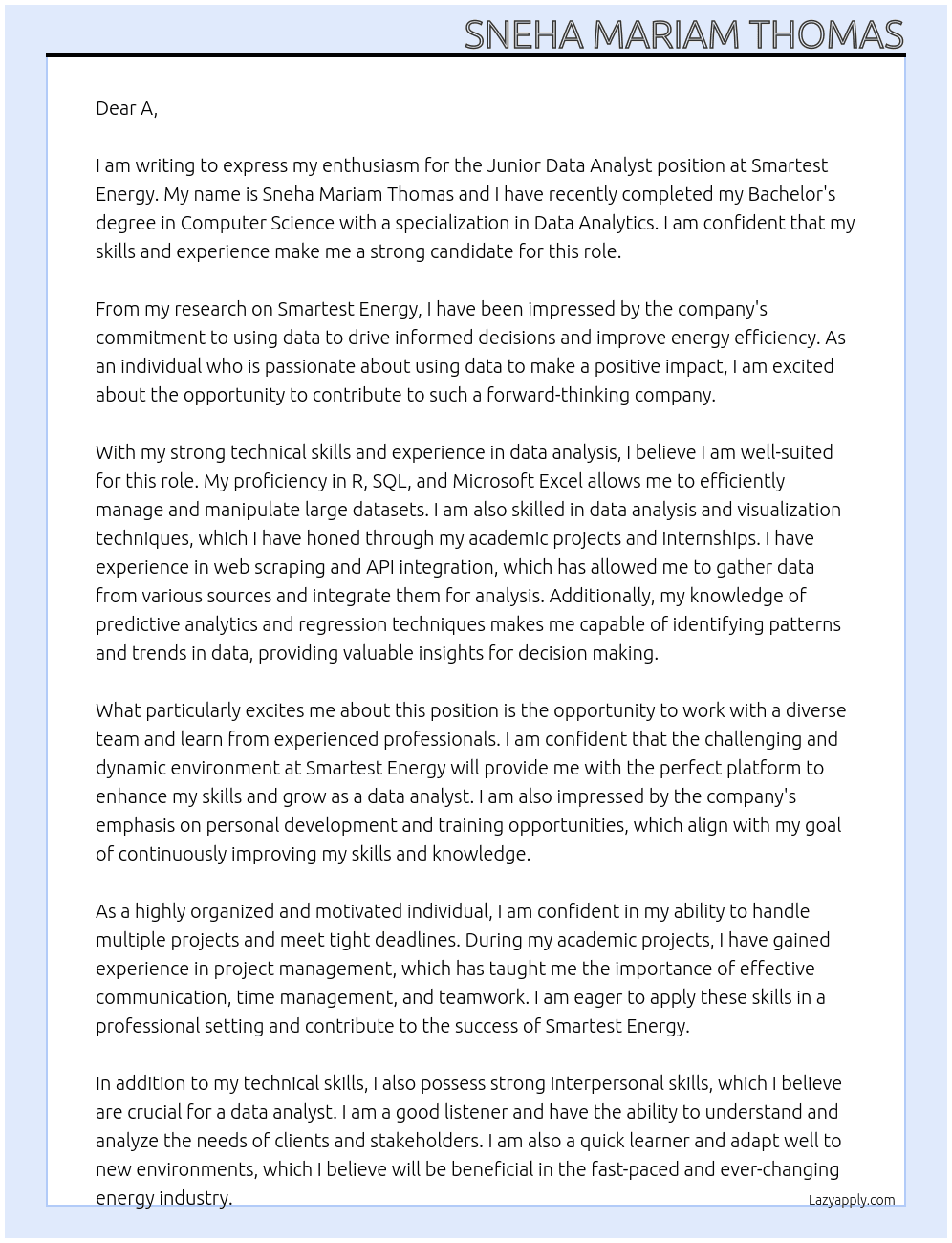 Junior Data Analyst At Smartest Energy Cover Letter