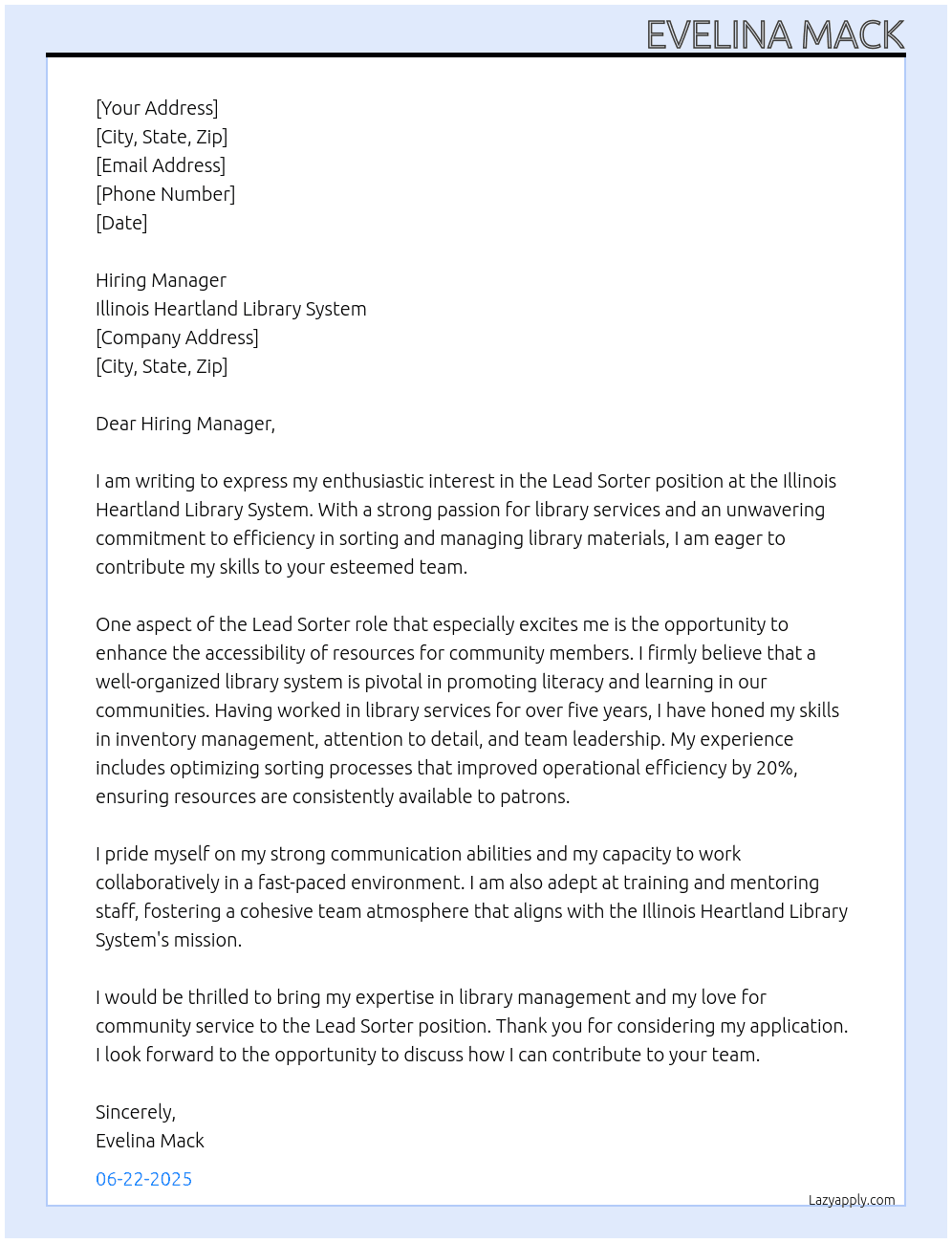 Lead Sorter At Illnois Heartland Library System Cover Letter